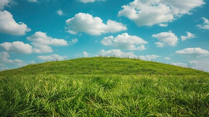 Small hill with green grass, blue sky and white clouds in the background, highly saturated 