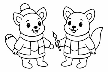  2 cute baby animal friends in winter clothes, painting together line art vector illustration