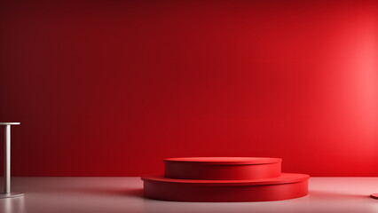 Poster - A red podium with two steps sits in front of a red wall