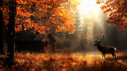 A deer is standing in a field of autumn leaves. The sun is shining on the deer, creating a warm and peaceful atmosphere