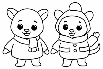  2 cute baby animal friends in winter clothes, painting together line art vector illustration