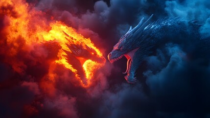 Wall Mural - Fiery Battle of Mythical Beasts in the Darkened Skies