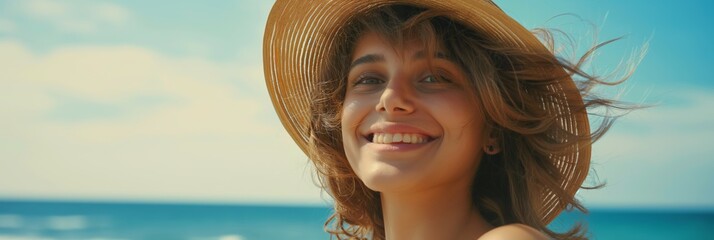 Poster - A pretty woman in a hat enjoys a carefree vacation by the seaside, radiating happiness and relaxation.