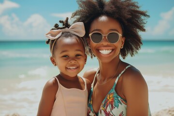 Wall Mural - A beautiful portrait of a mother and daughter smiling at the seaside, enjoying a carefree vacation together.