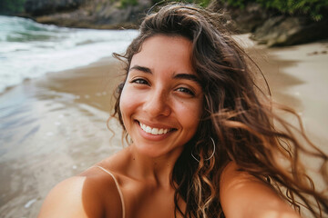 Wall Mural - AI generated picture of happy woman taking selfie picture on summer vacation day