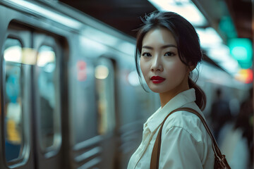 Wall Mural - A woman wearing a red lipstick stands in front of a subway train