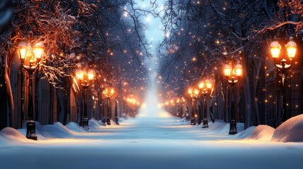 Poster - A snowy street with a long walkway lit up with Christmas lights. The street is empty and the lights are glowing brightly