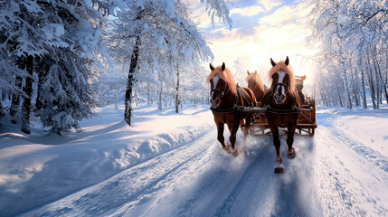 Poster - Three horses pulling a carriage through the snow. The carriage is pulled by two horses on the left and one on the right