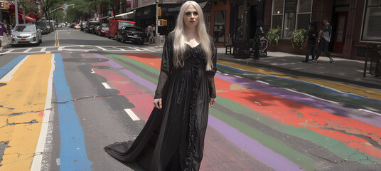 Wall Mural - Gender-fluid model in androgynous outfit on rainbow crosswalk