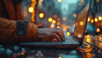 A close-up of hands typing on a laptop in an office