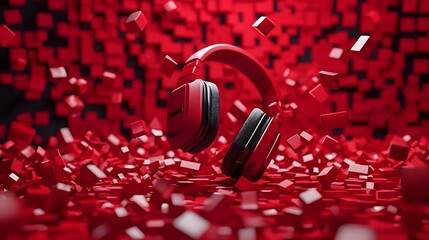 Vibrant 3D Abstract Musical Background with Colorful Headphones and Dynamic Explosion Effect