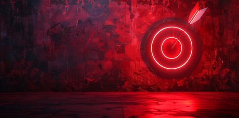 red arrow hits the center of the target glowing with neon red light on a dark background, symbolizes success in business, copy space, place for text