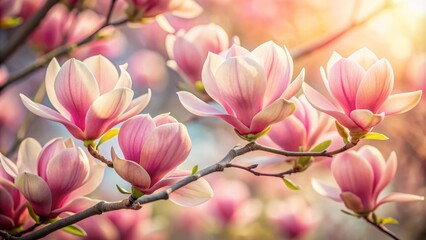 Wall Mural - Delicate pink magnolia flowers bloom with soft petals unfolding from the center, isolated on a clean background, capturing the serene beauty of spring season.