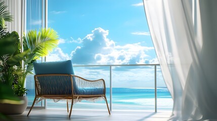 Wall Mural - Oceanfront balcony view, floor-to-ceiling glass window, azure blue sky, fluffy white clouds, sparkling turquoise sea, sun reflection on water, modern lounge chair with blue cushions.