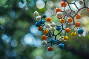 Wall Mural - Molecular model with blue, orange, white and yellow atoms is hanging in front of a green background with bokeh