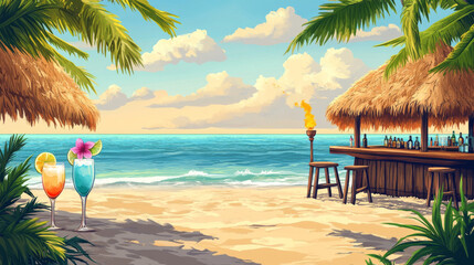 Wall Mural - A tropical beach scene with a bar and a beach hut