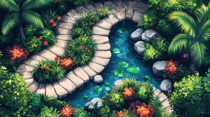 Wall Mural - A lush green garden with a stone path leading to a pond