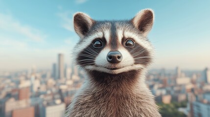 Wall Mural - Adorable Raccoon with City Skyline Background - Urban Wildlife Close-Up with Soft Focus and Vibrant Colors
