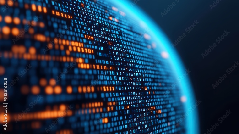 Abstract Digital Globe with Blue and Orange Binary Code Patterns ...