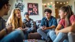 © Nathaphat - College Life Vibes: Friends Laughing and Gaming in Dorm Common Room