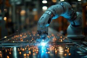 Wall Mural - futuristic robotic arm performing precise welding in a hightech industrial facility blue sparks illuminate the scene reflecting off metallic surfaces in a dimly lit environment