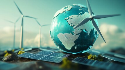 Abstract 3D globe with wind turbines and solar panels, representing global clean energy.