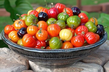 Wall Mural - Colorful Round Vegetables in Black Bowl on Stone