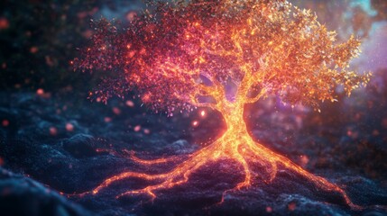Fototapete - Abstract 3D tree with bright, glowing leaves and roots, representing vitality and nature.
