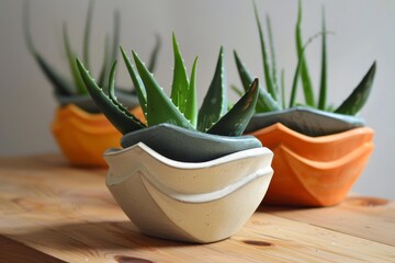 Wall Mural - Three aloe vera plants growing in stylish geometric concrete planters on a wooden surface