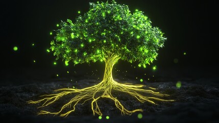Fototapete - Abstract 3D tree with neon green leaves and roots, representing vitality and connection.