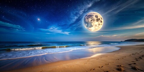 Poster - Moon shining brightly in the sky over a sandy beach at night , moon, beach, night, shining, sky, sand, calm, peaceful, tranquil