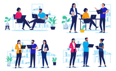 Poster - Office people working on computers collection - Set of illustrations with businesspeople using laptop PC, talking,  doing work, smiling and having conversation together in groups. Flat design vector