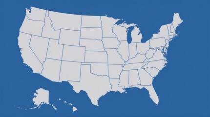 United States map silhouette, blue background.