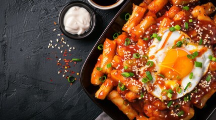 Wall Mural - full of dish tteokbokki korean food with egg, mayonaise topping.top view. rectangle plate. copy space 