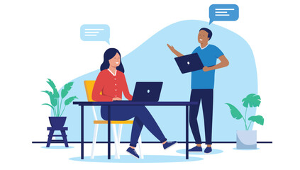 Poster - Smiling people working and talking together - Two people at work in office having conversation at desk while holding laptop computers, Flat design vector illustration with white background