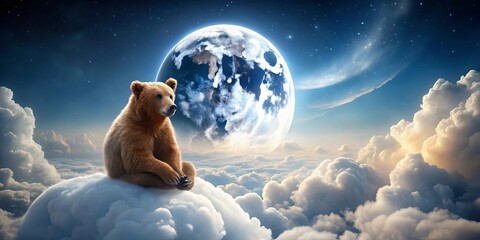 Wall Mural - Bear sitting on moon surrounded by clouds, bear, moon, clouds, surreal, fantasy, night, sky, space, peaceful, tranquil