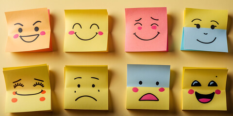 an array of colorful sticky notes arranged on a yellow background, each featuring a hand-drawn emoti