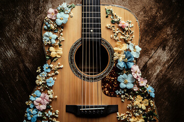 Ukulele with dry flower on wood background