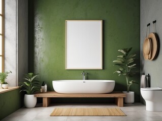 Wall Mural - blank poster frame, rustic villa bathroom interior background, Citron Green wall background