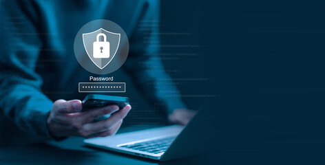 Wall Mural - secure data from crime. lock mark cybersecurity internet, protect attacks from a hacker. concept of 