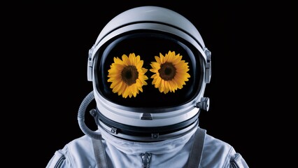 Closeup view of astronaut, helmet suit, with two sunflower like their eyes, against black background.