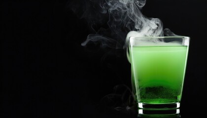 Wall Mural - Magic potion. Elixir drink. Mystery green liquid. Magical poison drink. Glass vial with toxic smoke. Wizard alchemy lab. Poisonous steam. Fantasy potion isolated on black background with copy space