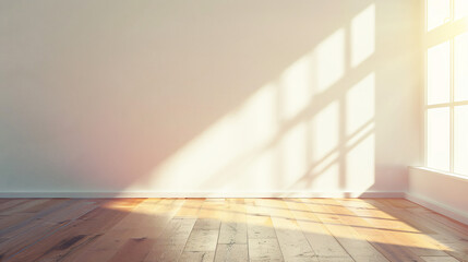 Wall Mural - Sunlight streaming through a window illuminating an empty room with a wooden floor