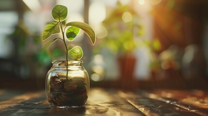 Plant growing in savings coins - investment and interest concept.