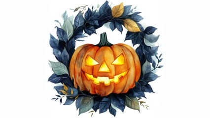 Wall Mural - watercolor happy large jack o lantern with yellow glowing eyes and mouth inside a halloween themed wreath with dark green leaves, white background