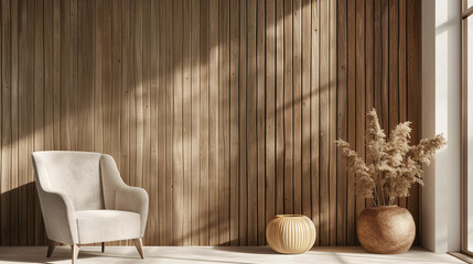Aufkleber - Sunlit interior design with shadows on wooden wall, featuring armchair and pampas grass in the room