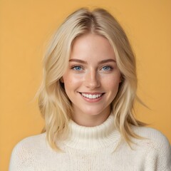portrait of a happy blonde woman with blue eyes and bright smile, in a white sweater. natural beauty