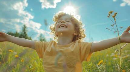 Happy child playing outdoors. A.I.