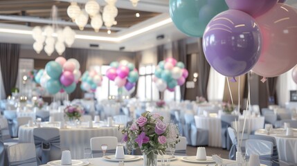 Decoration interior elements of restaurant venue banquet hall with multicoloured different helium balloons on a indoor corporate event or wedding reception or birthday party celebration.