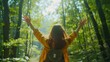 © Ace64 Studio - Free woman breathing clean air in nature forest. happy girl from the back with open arms in happiness. fresh outdoor woods wellness healthy lifestyle concept.